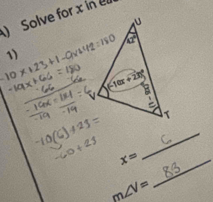 ) Solve for x in  
1)
_ x=
_
m∠ V=