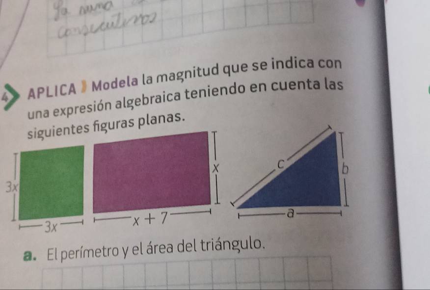 APLICA 》 Modela la magnitud que se indica con
una expresión algebraica teniendo en cuenta las
a. El perímetro y el área del triángulo.