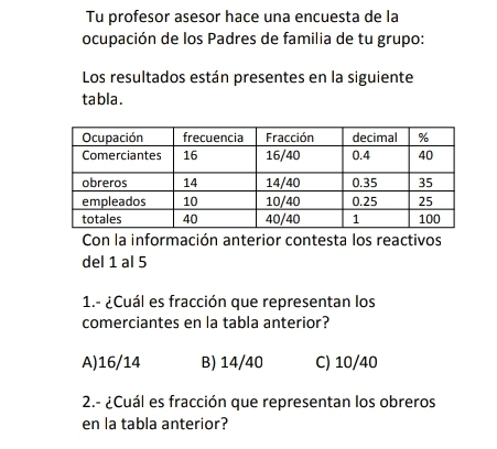 Tu profesor asesor hace una encuesta de la
ocupación de los Padres de familia de tu grupo:
Los resultados están presentes en la siguiente
ta bla .
Con la información anterior contesta los reactivos
del 1 al 5
1.- ¿Cuál es fracción que representan los
comerciantes en la tabla anterior?
A) 16/14 B) 14/40 C) 10/40
2.- ¿Cuál es fracción que representan los obreros
en la tabla anterior?