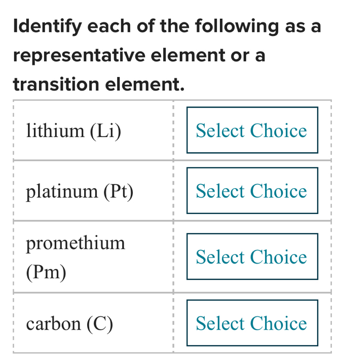 Identify each of the following as a 
representative element or a 
transition element.