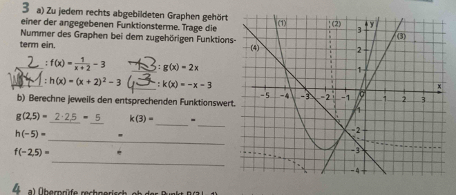 Zu jedem rechts abgebildeten Graphen gehört 
einer der angegebenen Funktionsterme. Trage die 
Nummer des Graphen bei dem zugehörigen Funktion 
term ein. 
_: f(x)= 1/x+2 -3 _: g(x)=2x
_: h(x)=(x+2)^2-3 _: k(x)=-x-3
b) Berechne jeweils den entsprechenden Funktionswer 
_ 
_
g(2,5)=_ 2· 2,5=_ 5 _ k(3)= =
_
h(-5)=
=
f(-2,5)=
_ 
4 a) Überprüfe rechnerisch ot