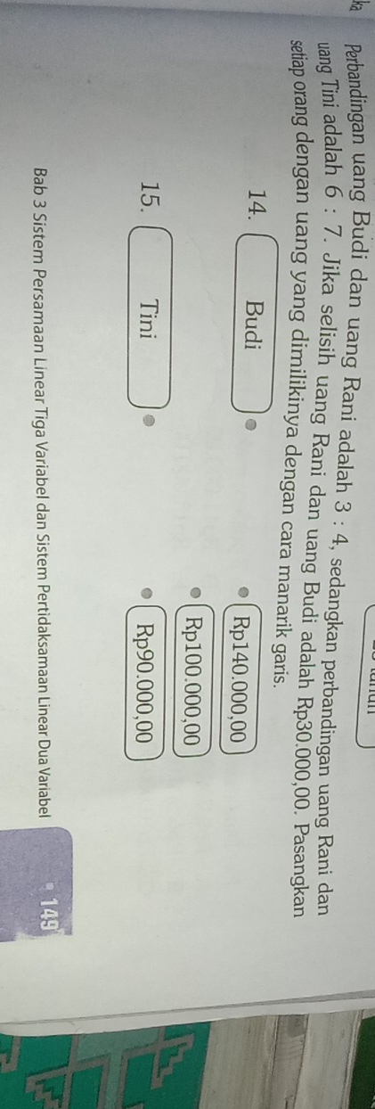 ka Perbandingan uang Budi dan uang Rani adalah 3:4 , sedangkan perbandingan uang Rani dan 
uang Tini adalah 6:7. Jika selisih uang Rani dan uang Budi adalah Rp30.000,00. Pasangkan 
setiap orang dengan uang yang dimilikinya dengan cara manarik garis. 
14. Budi
Rp140.000,00
Rp100.000,00
15. Tini Rp90.000,00
Bab 3 Sistem Persamaan Linear Tiga Variabel dan Sistem Pertidaksamaan Linear Dua Variabel 149