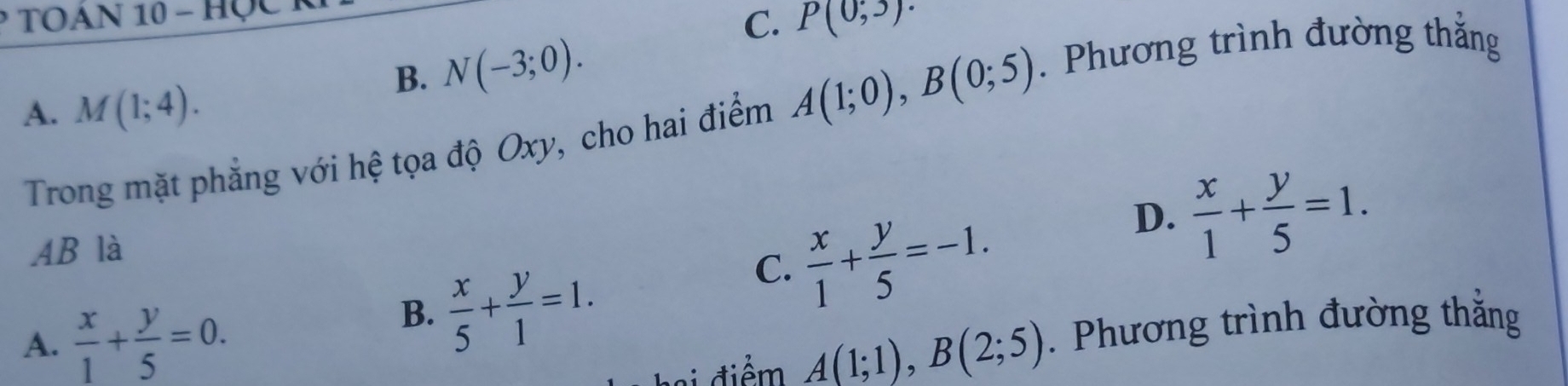 TOAN 10 - Học
C. P(0,3).
A. M(1;4). . Phương trình đường thắng
B. N(-3;0). 
Trong mặt phẳng với hệ tọa độ Oxy, cho hai điểm A(1;0), B(0;5)
D.  x/1 + y/5 =1. 
AB là
A.  x/1 + y/5 =0.
B.  x/5 + y/1 =1.
C.  x/1 + y/5 =-1. 
Đi điểm A(1;1), B(2;5). Phương trình đường thắng