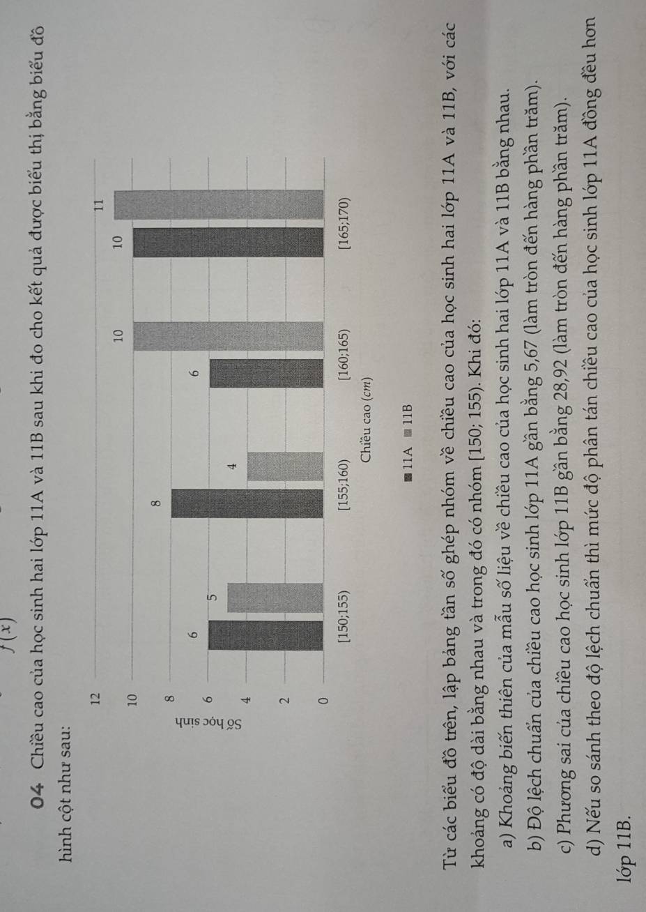 f(x)
04 Chiều cao của học sinh hai lớp 11A và 11B sau khi đo cho kết quả được biểu thị bằng biểu đồ
hình cột như sau:
11Aequiv 11B
Từ các biểu đồ trên, lập bảng tần số ghép nhóm về chiều cao của học sinh hai lớp 11A và 11B, với các
khoảng có độ dài bằng nhau và trong đó có nhóm [150;155). Khi đó:
a) Khoảng biến thiên của mẫu số liệu về chiều cao của học sinh hai lớp 11A và 11B bằng nhau.
b) Độ lệch chuẩn của chiều cao học sinh lớp 11A gần bằng 5,67 (làm tròn đến hàng phần trăm).
c) Phương sai của chiều cao học sinh lớp 11B gần bằng 28,92 (làm tròn đến hàng phần trăm).
d) Nếu so sánh theo độ lệch chuẩn thì mức độ phân tán chiều cao của học sinh lớp 11A đồng đều hơn
lớp 11B.