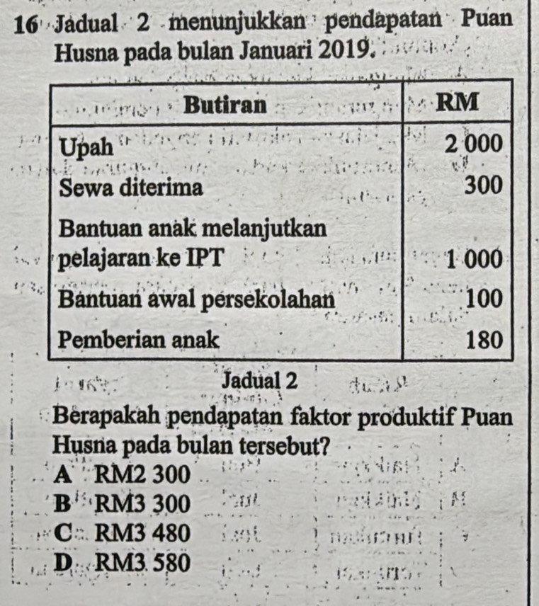 Jadual 2 menunjukkan pendapatan Puan
Husna pada bulan Januari 2019.
Jadual 2
Berapakah pendapatan faktor produktif Puan
Husna pada bulan tersebut?
A RM2 300
B · RM3 300
As
C RM3 480
D RM3 580