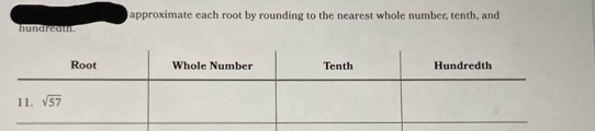 approximate each root by rounding to the nearest whole number, tenth, and
hundreath.