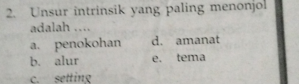 Unsur intrinsik yang paling menonjol
adalah ....
a. penokohan d. amanat
b. alur e. tema
c. setting