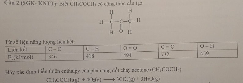 (SGK- KNTT): Biết CH_3COCH_3 có công thức cầu tạo
Hãy xác định biến thiên enthalpy của phản ứng đốt cháy acetone (CH_3COCH_3)
CH_3COCH_3(g)+4O_2(g)to 3CO_2(g)+3H_2O(g)