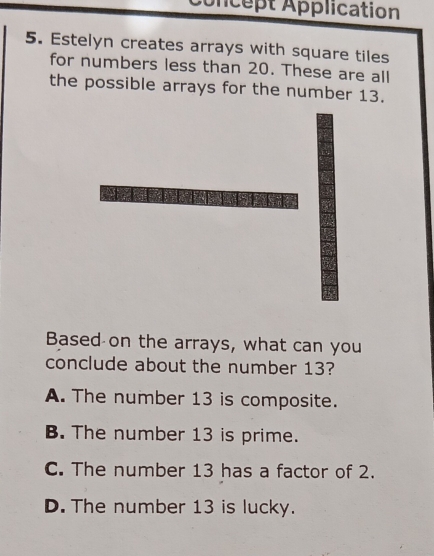 uncept Application
5. Estelyn creates arrays with square tiles
for numbers less than 20. These are all
the possible arrays for the number 13.
Based on the arrays, what can you
conclude about the number 13?
A. The number 13 is composite.
B. The number 13 is prime.
C. The number 13 has a factor of 2.
D. The number 13 is lucky.