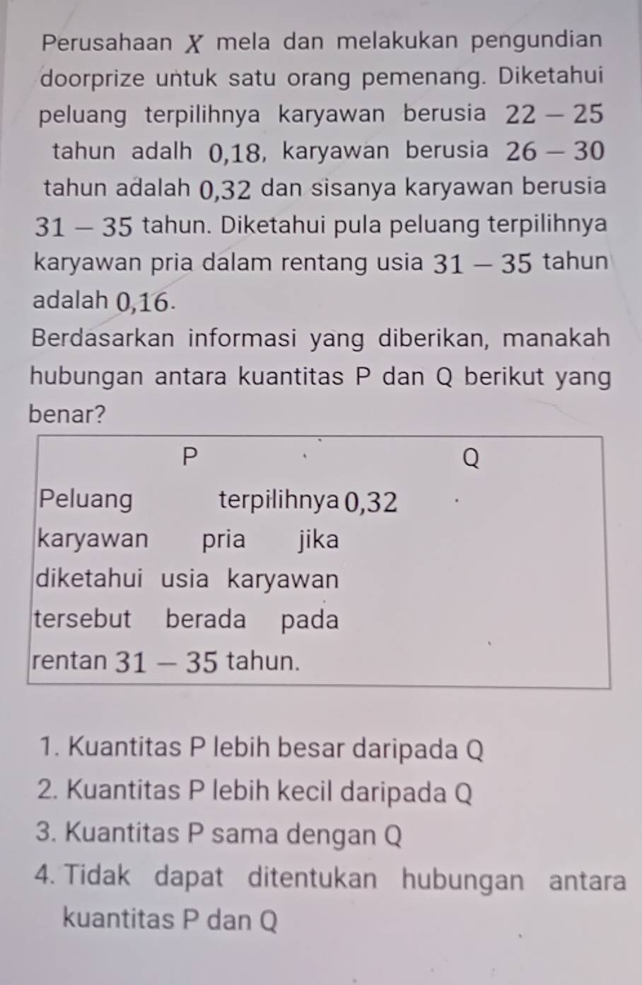 Perusahaan X mela dan melakukan pengundian 
doorprize untuk satu orang pemenang. Diketahui 
peluang terpilihnya karyawan berusia 22-25
tahun adalh 0, 18, karyawan berusia 26-30
tahun adalah 0, 32 dan sisanya karyawan berusia
31 - 35 tahun. Diketahui pula peluang terpilihnya 
karyawan pria dalam rentang usia 31-35 tahun 
adalah 0,16. 
Berdasarkan informasi yang diberikan, manakah 
hubungan antara kuantitas P dan Q berikut yang 
benar?
P
Peluang terpilihnya 0, 32
karyawan pria jika 
diketahui usia karyawan 
tersebut berada pada 
rentan 31-35 tahun. 
1. Kuantitas P lebih besar daripada Q
2. Kuantitas P lebih kecil daripada Q
3. Kuantitas P sama dengan Q
4. Tidak dapat ditentukan hubungan antara 
kuantitas P dan Q