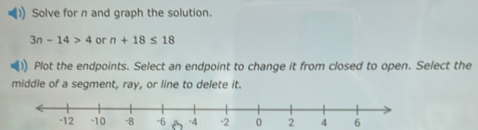 Solve for n and graph the solution.
3n-14>4 or n+18≤ 18
Plot the endpoints. Select an endpoint to change it from closed to open. Select the 
middle of a segment, ray, or line to delete it.