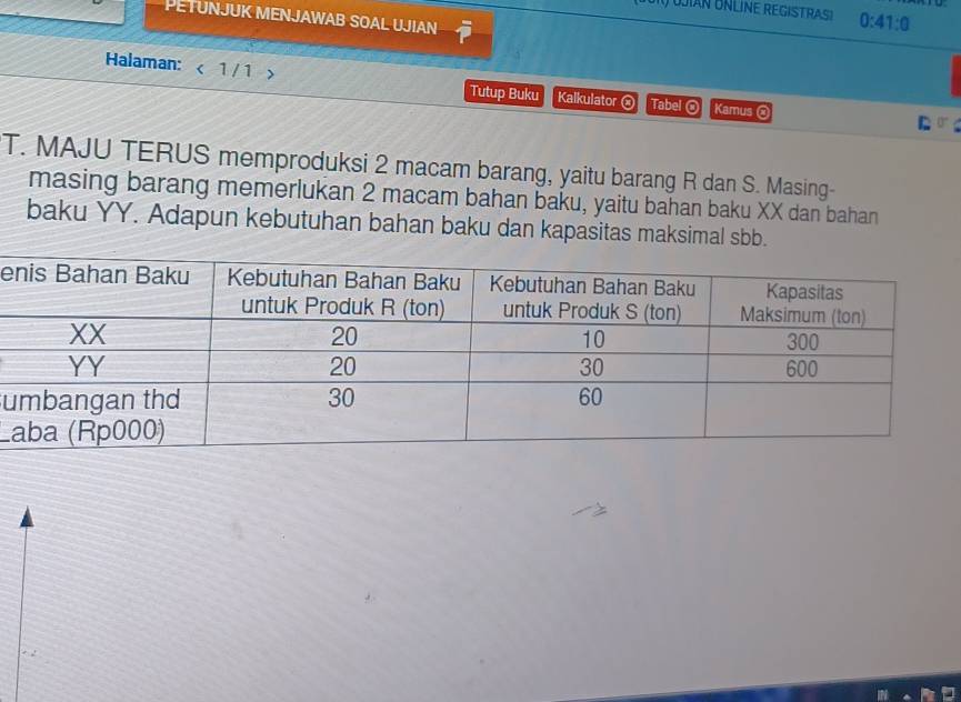 PETUNJUK MENJAWAB SOAL UJIAN
0:41:0
Halaman: < 1 / 1 > Kalkulator Tabel @ Kamus @ 
Tutup Buku 
T. MAJU TERUS memproduksi 2 macam barang, yaitu barang R dan S. Masing- 
masing barang memerlukan 2 macam bahan baku, yaitu bahan baku XX dan bahan 
baku YY. Adapun kebutuhan bahan baku dan kapasitas maksimal sbb. 
e 
u 
L