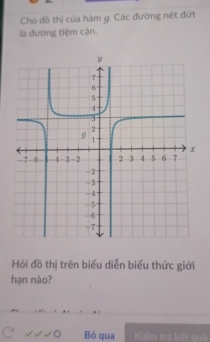 Cho đồ thị của hàm g. Các đường nét đứt 
là đường tiệm cận. 
Hỏi đồ thị trên biểu diễn biểu thức giới 
hạn nào? 
Bỏ qua Kiếm tra kết quả