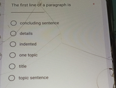 The first line of a paragraph is *
_
concluding sentence
details
indented
one topic
title
topic sentence