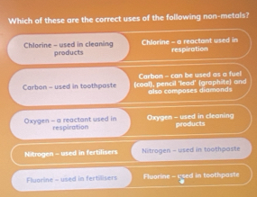 Which of these are the correct uses of the following non-metals?
Chlorine - used in cleaning products Chlorine - a reactant used in respiration
Carbon - can be used as a fuel
Carbon - used in toothpaste (coal), pencil 'lead' (graphite) and also composes diamonds
Oxygen - a reactant used in respiration Oxygen - used in cleaning products
Nitrogen - used in fertilisers Nitrogen = used in toothpaste
Fluorine - used in fertilisers Fluorine - rsed in toothpaste