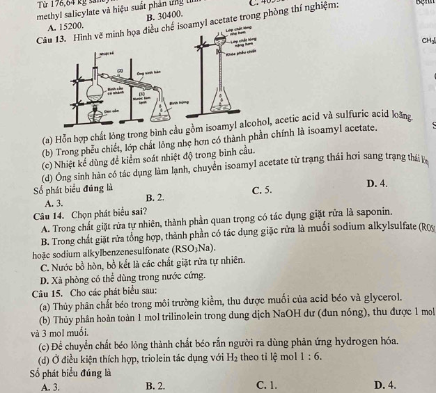 Từ 176,64 kg sản
methyl salicylate và hiệu suất phản ứng II C.  405
B. 30400.
Cl acetate trong phòng thí nghiệm:
CH₃
(a) Hỗn hợp chất lỏng trong bình cm isoamyl alcohol, acetic acid và sulfuric acid loãng.
(b) Trong phễu chiết, lớp chất lỏng nhẹ hơn có thành phần chính là isoamyl acetate.
(c) Nhiệt kể dùng để kiểm soát nhiệt độ trong bình cầu.
(d) Ông sinh hàn có tác dụng làm lạnh, chuyển isoamyl acetate từ trạng thái hơi sang trạng thái k
Số phát biểu đúng là C. 5. D. 4.
A. 3. B. 2.
Câu 14. Chọn phát biểu sai?
A. Trong chất giặt rửa tự nhiên, thành phần quan trọng có tác dụng giặt rửa là saponin.
B. Trong chất giặt rửa tổng hợp, thành phần có tác dụng giặc rửa là muối sodium alkylsulfate (R0y
hoặc sodium alkylbenzenesulfonate  (R SO_3 Na).
C. Nước bồ hòn, bồ kết là các chất giặt rửa tự nhiên.
D. Xà phòng có thể dùng trong nước cứng.
Câu 15. Cho các phát biểu sau:
(a) Thủy phân chất béo trong môi trường kiểm, thu được muối của acid béo và glycerol.
(b) Thủy phân hoàn toàn 1 mol trilinolein trong dung dịch NaOH dư (đun nóng), thu được 1 mol
và 3 mol muối.
(c) Đề chuyển chất béo lỏng thành chất béo rắn người ra dùng phản ứng hydrogen hóa.
(d) Ở điều kiện thích hợp, triolein tác dụng với H_2 theo tỉ lệ mol 1:6.
ố phát biểu đúng là
A. 3. B. 2. C. 1. D. 4.