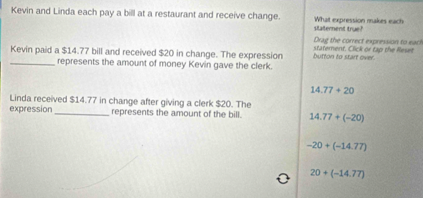 Kevin and Linda each pay a bill at a restaurant and receive change. What expression makes each
statement true?
Drag the correct expression to eac!
statement. Click or tap the Reset
Kevin paid a $14.77 bill and received $20 in change. The expression button to start over.
_represents the amount of money Kevin gave the clerk.
14.77+20
Linda received $14.77 in change after giving a clerk $20. The
expression _represents the amount of the bill. 14.77+(-20)
-20+(-14.77)
20+(-14.77)