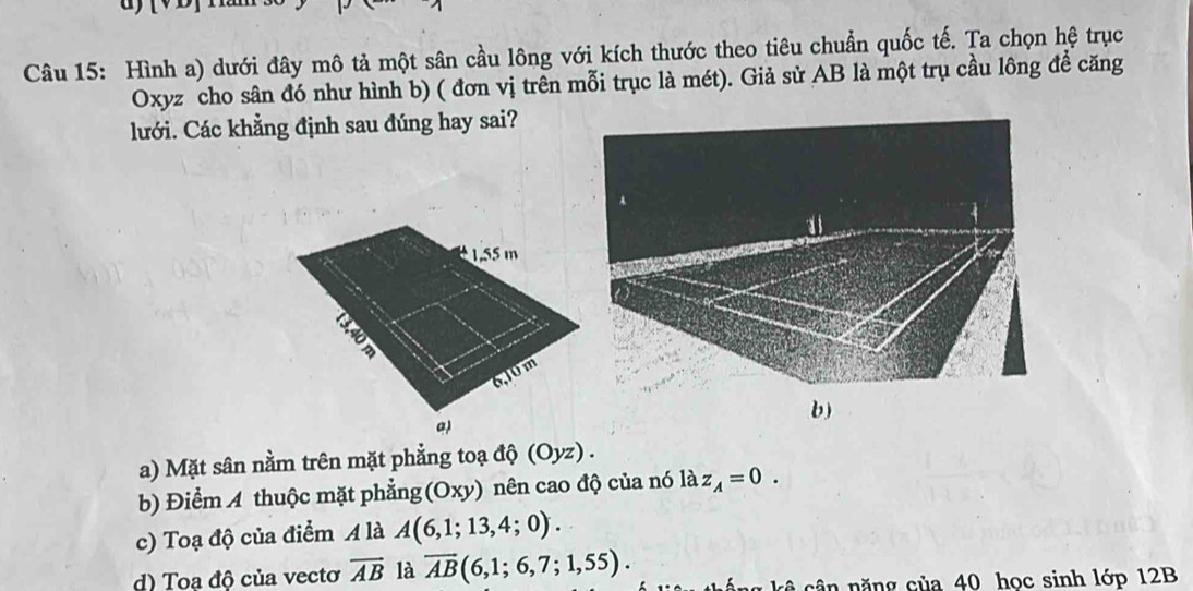 Hình a) dưới đây mô tả một sân cầu lông với kích thước theo tiêu chuẩn quốc tế. Ta chọn hệ trục
Oxyz cho sân đó như hình b) ( đơn vị trên mỗi trục là mét). Giả sử AB là một trụ cầu lông để căng
lưới. Các khẳng định sau đúng hay sai?
a) Mặt sân nằm trên mặt phẳng toạ độ (Oyz).
b) Điểm A thuộc mặt phẳng (Oxy) nên cao độ của nó là z_A=0.
c) Toạ độ của điểm A là A(6,1;13,4;0).
d) Toa độ của vectơ overline AB là overline AB(6,1;6,7;1,55). 
ê câ n năng của 40 hoc sinh lớp 12B