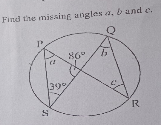 Find the missing angles a, b and c.