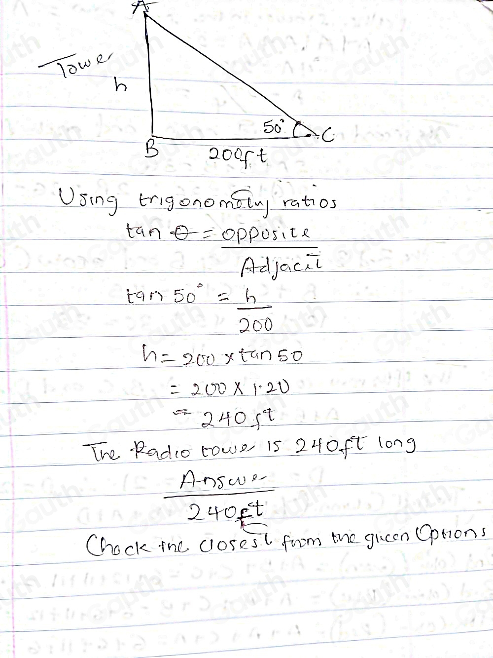 Solved: A vertical radio tower stands on level ground. From a point 200 ...