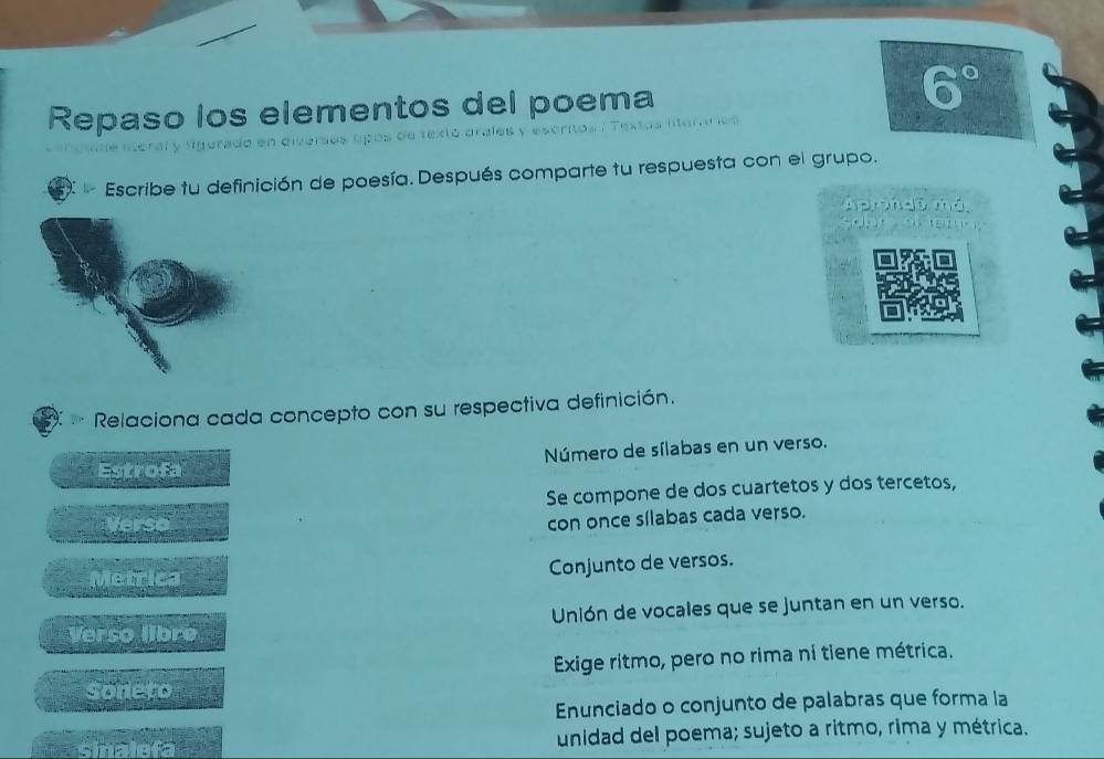 Repaso los elementos del poema 6°
igerado en diverses ópós de textó drales y escritos : Textas ltórárics 
Escribe tu definición de poesía. Después comparte tu respuesta con el grupo. 
Aprin de má 

Relaciona cada concepto con su respectiva definición. 
_ overline x1overline _ _ circ  Número de sílabas en un verso. 
Se compone de dos cuartetos y dos tercetos,
12=x°
con once sílabas cada verso.
y=π x2
Conjunto de versos. 
Unión de vocales que se juntan en un verso. 
a erse.LDre 
Exige ritmo, pero no rima ní tiene métrica. 
STATC 
Enunciado o conjunto de palabras que forma la
overline SB unidad del poema; sujeto a ritmo, rima y métrica.