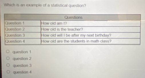 Which is an example of a statistical question?
question 1
question 2
question 3
question 4