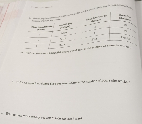 Afy - TB - Leanon 
works. Eye's pay is proportional to the 
a. Write an equation relating Abdul's pay 
b. Write an equation relating Eve's pay p in dollars to the number of hours she works t, 
c. Who makes more money per hour? How do you know?