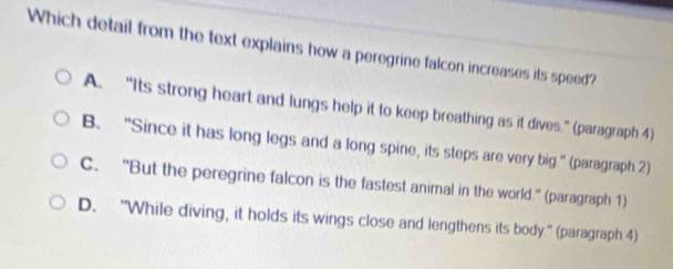 Which detail from the text explains how a peregrine falcon increases its speed?
A. “Its strong heart and lungs help it to keep breathing as it dives.” (paragraph 4)
B. “Since it has long legs and a long spine, its steps are very big.” (paragraph 2)
C. "But the peregrine falcon is the fastest animal in the world.' (paragraph 1)
D. "While diving, it holds its wings close and lengthens its body." (paragraph 4)