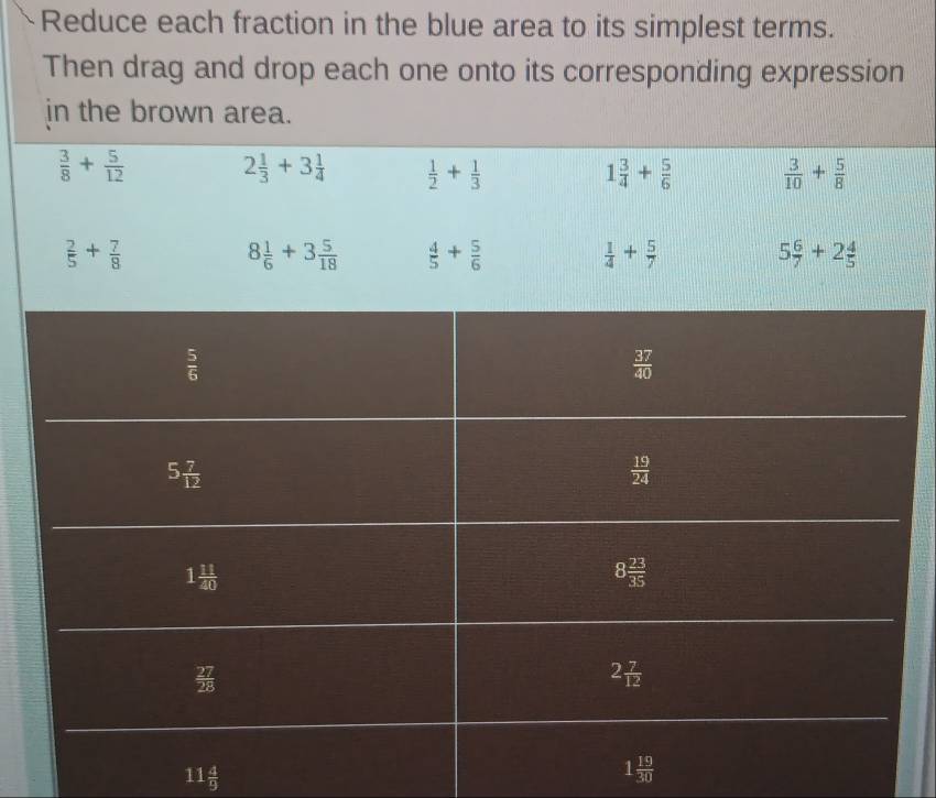 Reduce each fraction in the blue area to its simplest terms.
Then drag and drop each one onto its corresponding expression
11 4/9 
1 19/30 