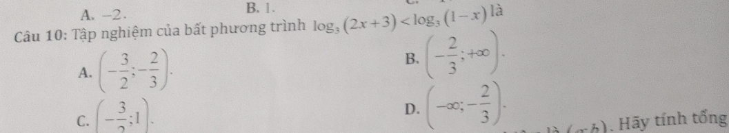 A. -2. B. 1.
* Câu 10: Tập nghiệm của bất phương trình log _3(2x+3)
A. (- 3/2 ;- 2/3 ). B. (- 2/3 ;+∈fty ).
D. (-∈fty ;- 2/3 ).
C. (- 3/2 ;1). . Hãy tính tổng
(x,b)