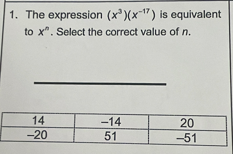 The expression (x^3)(x^(-17)) is equivalent 
to X^n. Select the correct value of n. 
_