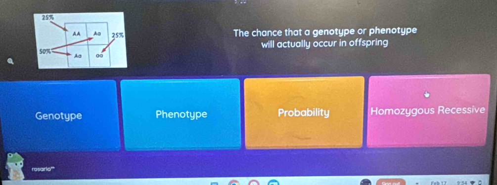 25%
AA Aa 25% The chance that a genotype or phenotype
will actually occur in offspring
50% Aa aa
Genotype Phenotype Probability Homozygous Recessive
rosario'''