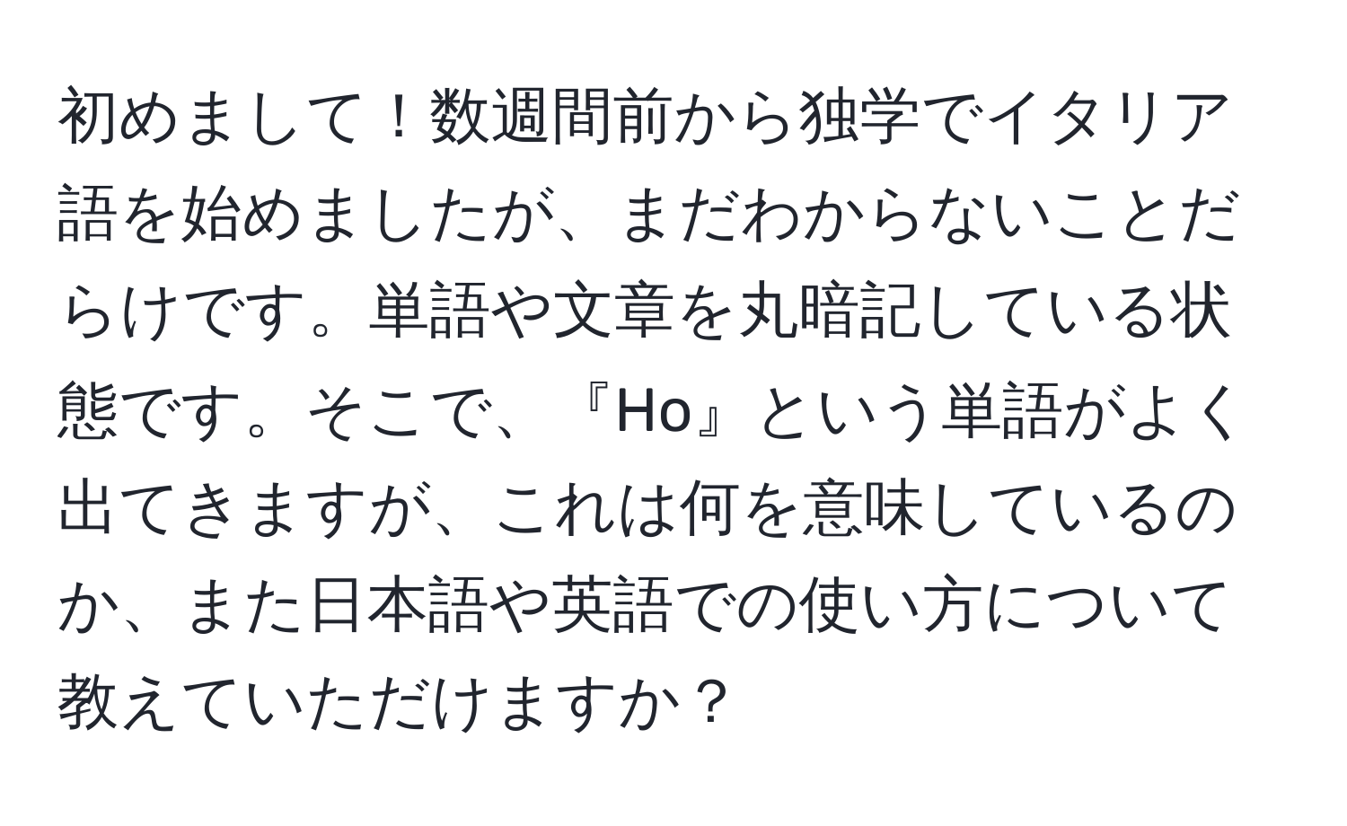 初めまして！数週間前から独学でイタリア語を始めましたが、まだわからないことだらけです。単語や文章を丸暗記している状態です。そこで、『Ho』という単語がよく出てきますが、これは何を意味しているのか、また日本語や英語での使い方について教えていただけますか？