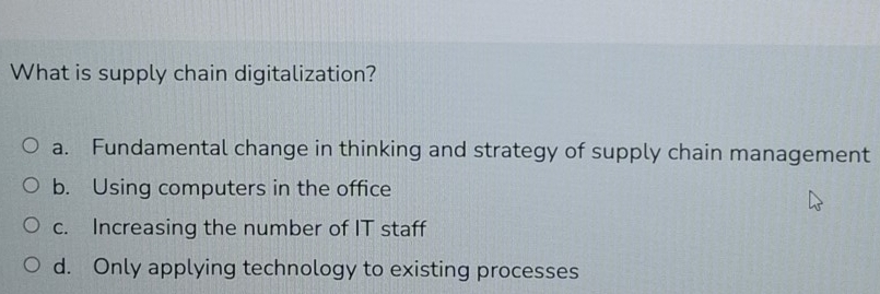 What is supply chain digitalization?
a. Fundamental change in thinking and strategy of supply chain management
b. Using computers in the office
c. Increasing the number of IT staff
d. Only applying technology to existing processes