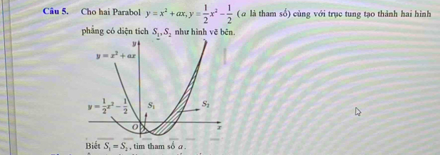 Cho hai Parabol y=x^2+ax,y= 1/2 x^2- 1/2  (a là tham số) cùng với trục tung tạo thành hai hình
phẳng có diện tích S_1,S_2 như hình vẽ bên.
S_1=S_2 , tim tham số a .