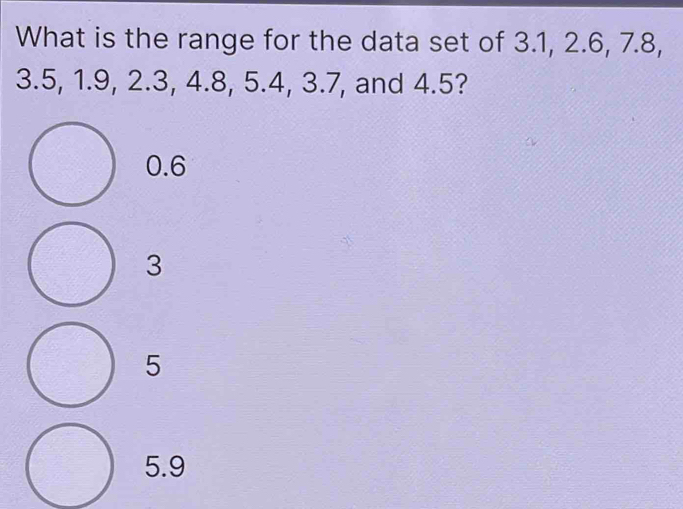 Solved: What is the range for the data set of 3.1, 2.6, 7.8, 3.5, 1.9 ...