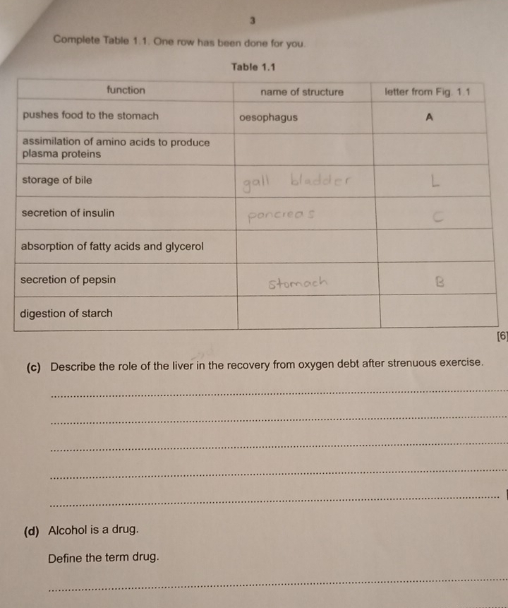 Complete Table 1.1. One row has been done for you. 
[6] 
(c) Describe the role of the liver in the recovery from oxygen debt after strenuous exercise. 
_ 
_ 
_ 
_ 
_ 
(d) Alcohol is a drug. 
Define the term drug. 
_ 
_