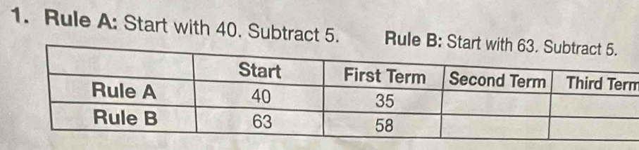 Rule A: Start with 40. Subtract 5. Rule B: Star 
m