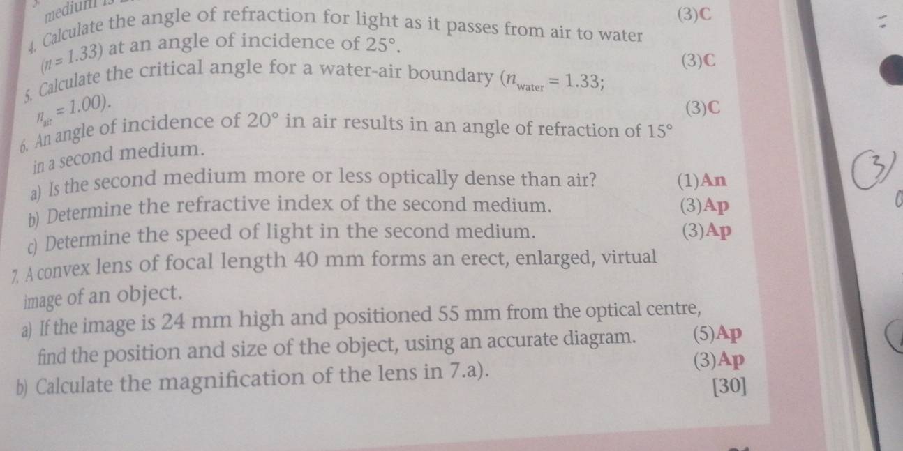 mediu 1 
(3)C 
4. Calculate the angle of refraction for light as it passes from air to water
(n=1.33) at an angle of incidence of 25°. 
(3)C 
5. Calculate the critical angle for a water-air boundary (n_water=1.33;
n_ait=1.00). (3)C 
6. An angle of incidence of 20° in air results in an angle of refraction of 15°
in a second medium. 
a) Is the second medium more or less optically dense than air? (1)An 
b) Determine the refractive index of the second medium. (3) Ap
c) Determine the speed of light in the second medium. (3)Ap 
7 A convex lens of focal length 40 mm forms an erect, enlarged, virtual 
image of an object. 
a) If the image is 24 mm high and positioned 55 mm from the optical centre, 
find the position and size of the object, using an accurate diagram. (5) Ap
b) Calculate the magnification of the lens in 7.a). 
(3) Ap
[30]