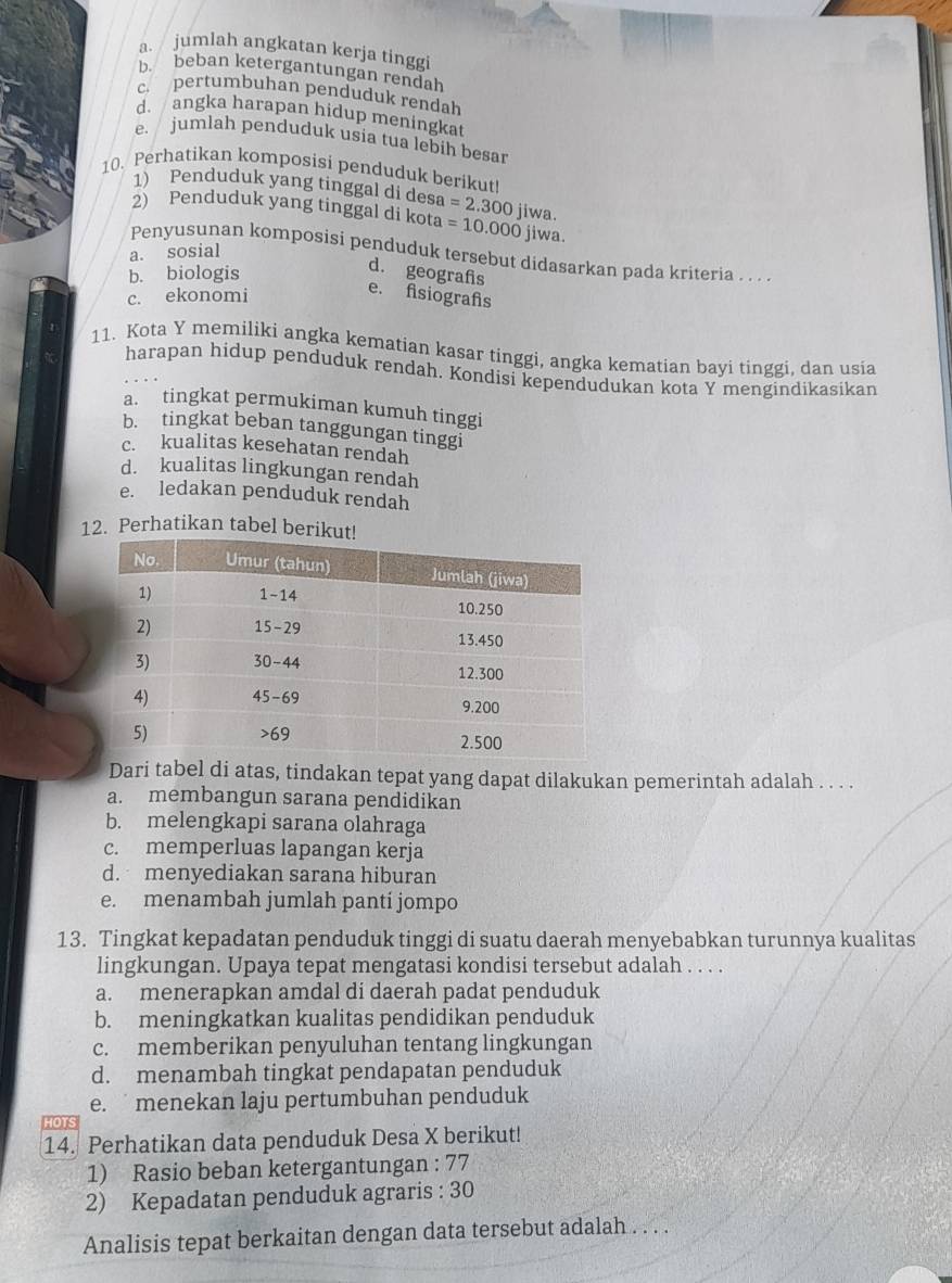 a. jumlah angkatan kerja tinggi
b beban ketergantungan rendah
c. pertumbuhan penduduk rendah
d. angka harapan hidup meningkat
e. jumlah penduduk usia tua lebih besar
10. Perhatikan komposisi penduduk berikut!
1) Penduduk yang tinggal di desa =2.300jiwa.
2) Penduduk yang tinggal di kota =10.000jiwa.
a. sosial
Penyusunan komposisi penduduk tersebut didasarkan pada kriteria . . . .
b. biologis
d. geografis
c. ekonomi
e. fisiografs
11. Kota Y memiliki angka kematian kasar tinggi, angka kematian bayi tinggi, dan usia
harapan hidup penduduk rendah. Kondisi kependudukan kota Y mengindikasikan
a. tingkat permukiman kumuh tinggi
b. tingkat beban tanggungan tinggi
c. kualitas kesehatan rendah
d. kualitas lingkungan rendah
e. ledakan penduduk rendah
12. Perhatikan tabel beri
Dari tabel di atas, tindakan tepat yang dapat dilakukan pemerintah adalah . . . .
a. membangun sarana pendidikan
b. melengkapi sarana olahraga
c. memperluas lapangan kerja
d. menyediakan sarana hiburan
e. menambah jumlah pantí jompo
13. Tingkat kepadatan penduduk tinggi di suatu daerah menyebabkan turunnya kualitas
lingkungan. Upaya tepat mengatasi kondisi tersebut adalah . . . .
a. menerapkan amdal di daerah padat penduduk
b. meningkatkan kualitas pendidikan penduduk
c. memberikan penyuluhan tentang lingkungan
d. menambah tingkat pendapatan penduduk
e.  menekan laju pertumbuhan penduduk
HOTS
14. Perhatikan data penduduk Desa X berikut!
1) Rasio beban ketergantungan : 77
2) Kepadatan penduduk agraris : 30
Analisis tepat berkaitan dengan data tersebut adalah . . . .