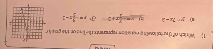 Which of the following equation represents the line on the graph
a) y=7x-3 b) y=- 7/2 x+3 y=- 3/5 x-3