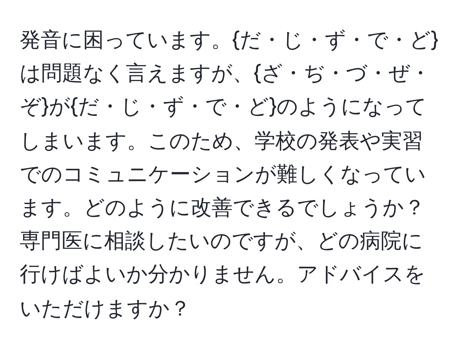 発音に困っています。だ・じ・ず・で・どは問題なく言えますが、ざ・ぢ・づ・ぜ・ぞがだ・じ・ず・で・どのようになってしまいます。このため、学校の発表や実習でのコミュニケーションが難しくなっています。どのように改善できるでしょうか？専門医に相談したいのですが、どの病院に行けばよいか分かりません。アドバイスをいただけますか？