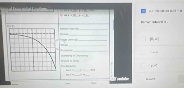 5 ) = ( MULTIPLE CHOICE QUESTION
6 413to _ 10 y a^2b
Domain interval is .
Domain (Interval):_
Domairo_
ga (leervál _
(0,∈fty )
Rongez_
Arynphohe_
(-a,a)
Increasing or Decreasing
Orowth or Deaty
End Banoviort (y>0)
a x= _ y- _and
ai xto _ y- _Rewatch
YouTube
Ns Tms Ce