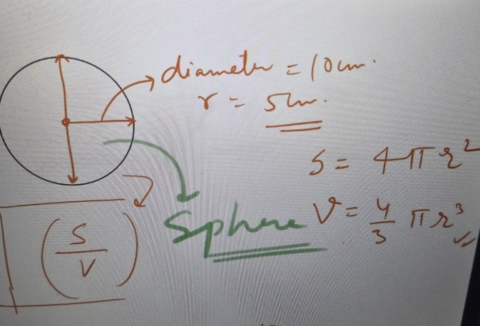 iamels =10cm
r=5w.
S=4π r^2
( s/v  sphone V= 4/3 π r^3