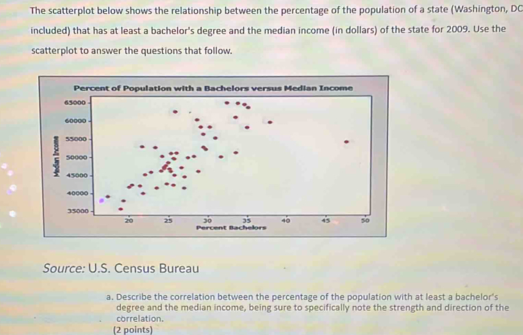 The scatterplot below shows the relationship between the percentage of the population of a state (Washington, DC 
included) that has at least a bachelor's degree and the median income (in dollars) of the state for 2009. Use the 
scatterplot to answer the questions that follow. 
Source: U.S. Census Bureau 
a. Describe the correlation between the percentage of the population with at least a bachelor's 
degree and the median income, being sure to specifically note the strength and direction of the 
correlation. 
(2 points)