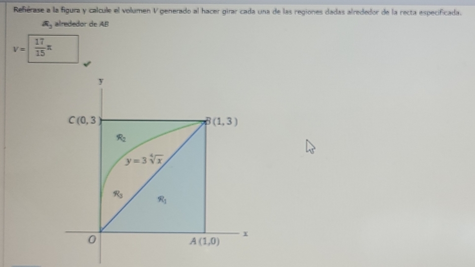 Reñérase a la figura y calcule el volumen V generado al hacer girar cada una de las regiones dadas alrededor de la recta especificada.
widehat a_3 alrededor de AB
v= 17/15 π
y
C(0,3)
B(1,3)
R_2
y=3sqrt[4](x)
R_3 R_1
0
x
A(1,0)