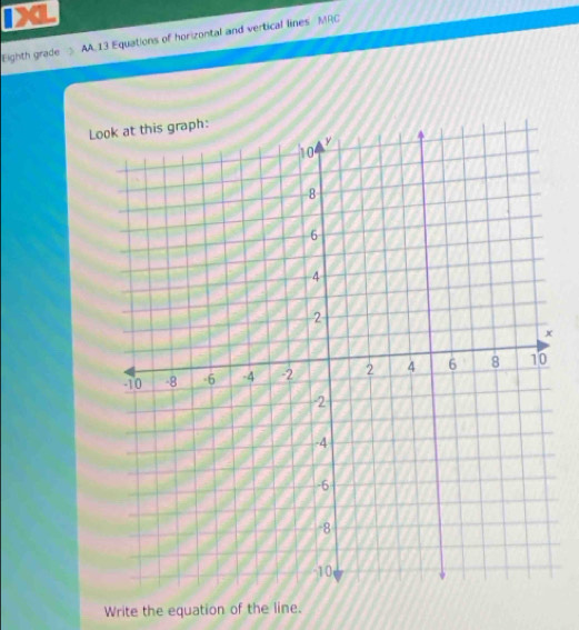 a 
Eighth grade AA.13 Equations of horizontal and vertical lines MRC 
Lo 
Write the equation of the line.