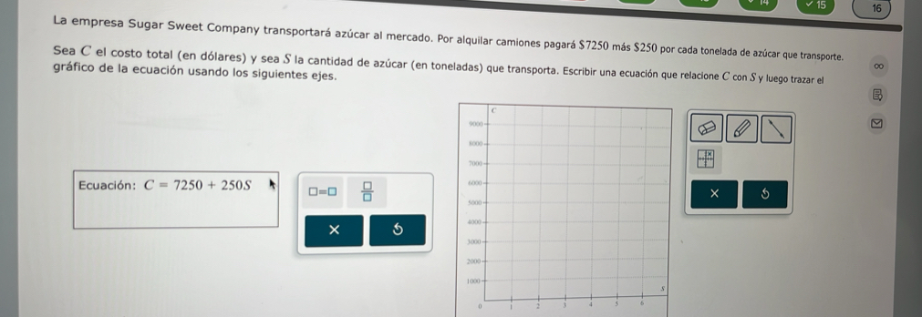 √ 15 16 
La empresa Sugar Sweet Company transportará azúcar al mercado. Por alquilar camiones pagará $7250 más $250 por cada tonelada de azúcar que transporte. 
Sea C el costo total (en dólares) y sea S la cantidad de azúcar (en toneladas) que transporta. Escribir una ecuación que relacione C con Sy luego trazar el 
∞ 
gráfico de la ecuación usando los siguientes ejes. 

Ecuación: C=7250+250S □ =□  □ /□   
× 
0 3