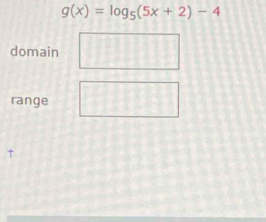 g(x)=log _5(5x+2)-4
domain 
range 
†