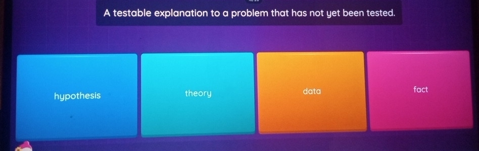 A testable explanation to a problem that has not yet been tested.
hypothesis theory data
fact